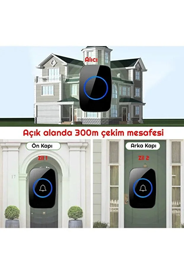 Kablosuz Kumandalı Kapı Zili Led Işıklı 60 Melodi 300 Metre Mesafe Ev Ofis Depo